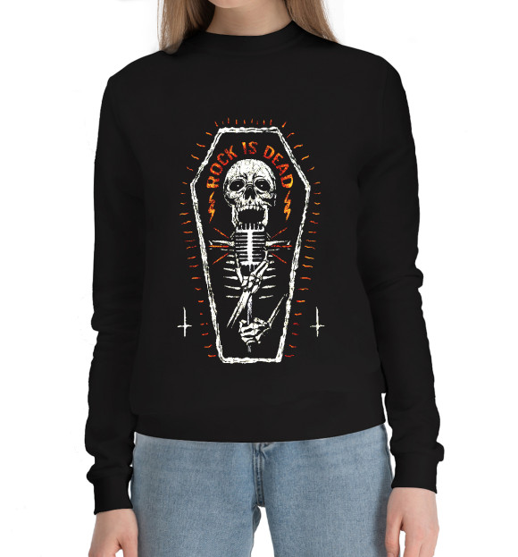 Женский хлопковый свитшот с изображением Rock is dead (skeleton) цвета Черный