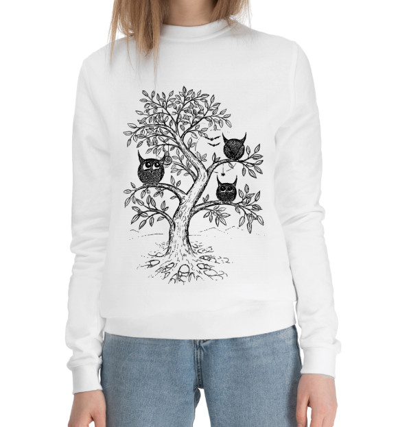 Женский хлопковый свитшот с притом Совята на дереве цвета Белый Женский хлопковый свитшот с изображением Совята на дереве цвета Белый