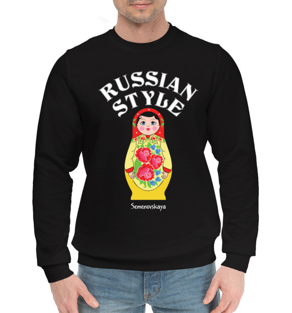 Мужской хлопковый свитшот с изображением Семеновская матрешка цвета Черный