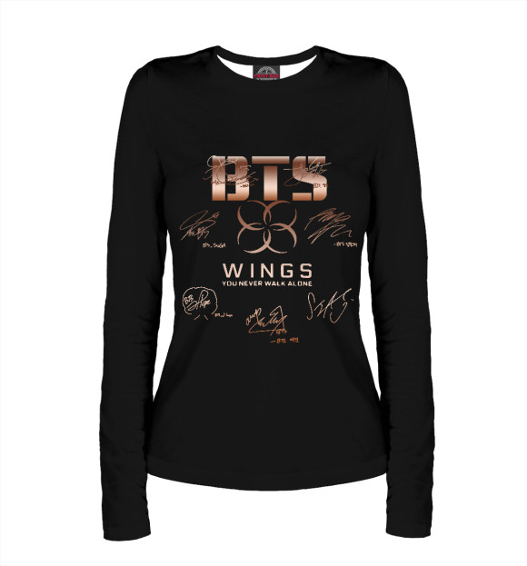 Женский лонгслив с изображением BTS Wings автографы цвета Белый