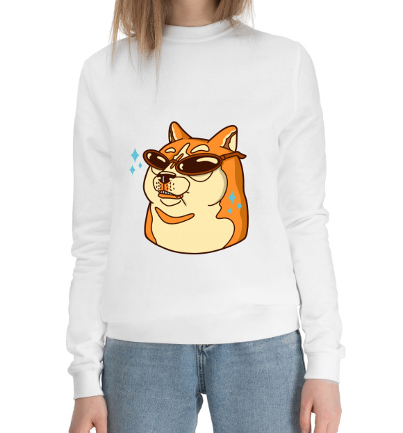 Женский хлопковый свитшот с изображением Cool Doge цвета Белый