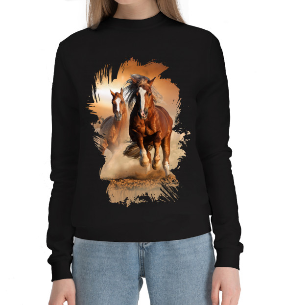 Женский хлопковый свитшот с изображением Лошади цвета Черный