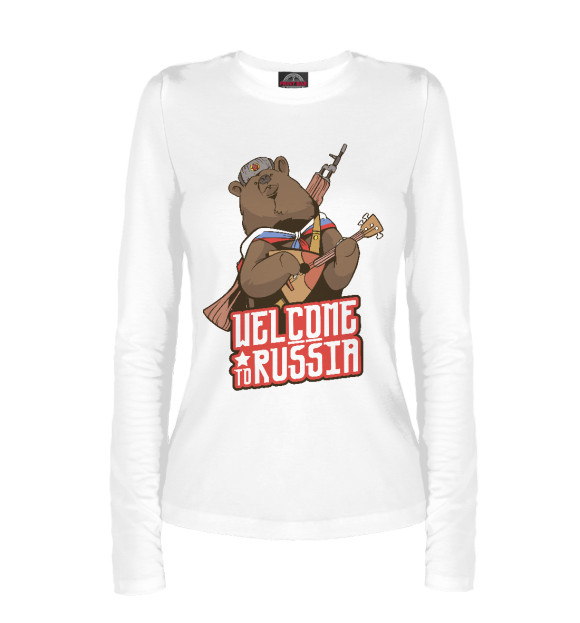 Женский лонгслив с изображением Welcome to Russia цвета Белый
