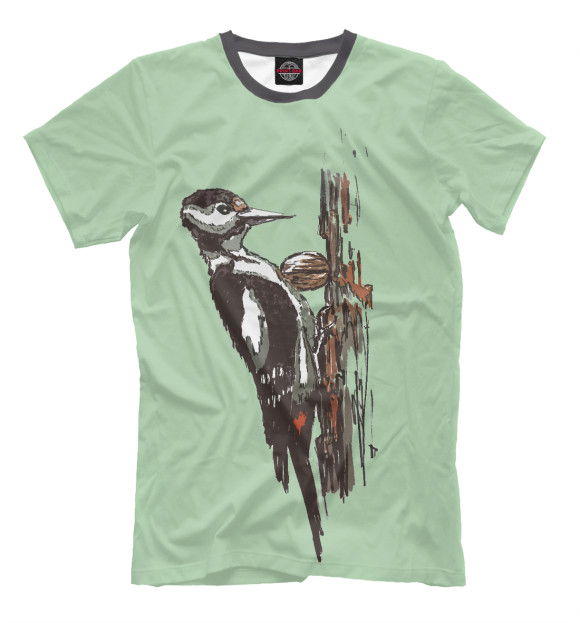 Мужская футболка с изображением Дятел (зеленый фон) цвета Белый