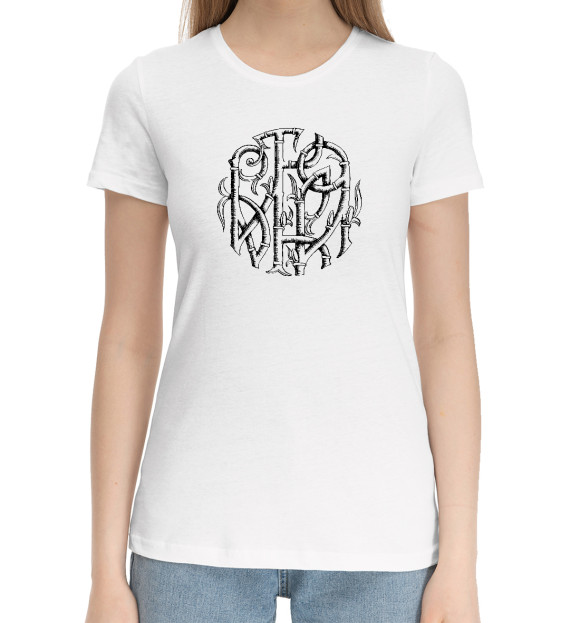 Женская хлопковая футболка с изображением Монограмма Виктория черная цвета Белый