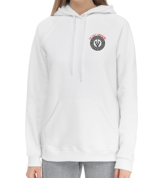 Женский хлопковый худи с изображением Символ Руевит/Повергая зло цвета Белый