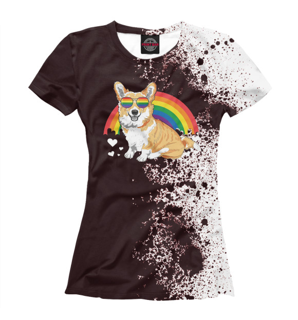 Женская футболка с изображением Corgi With Rainbow цвета Белый