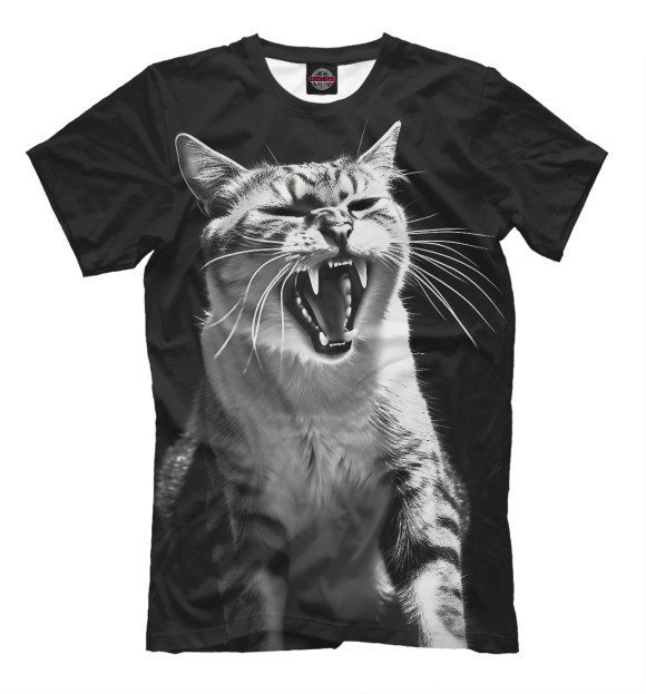 Мужская футболка с изображением Орущий вредный кот цвета Белый