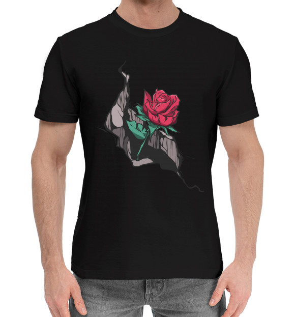 Мужская хлопковая футболка с изображением Трещина с розой цвета Черный