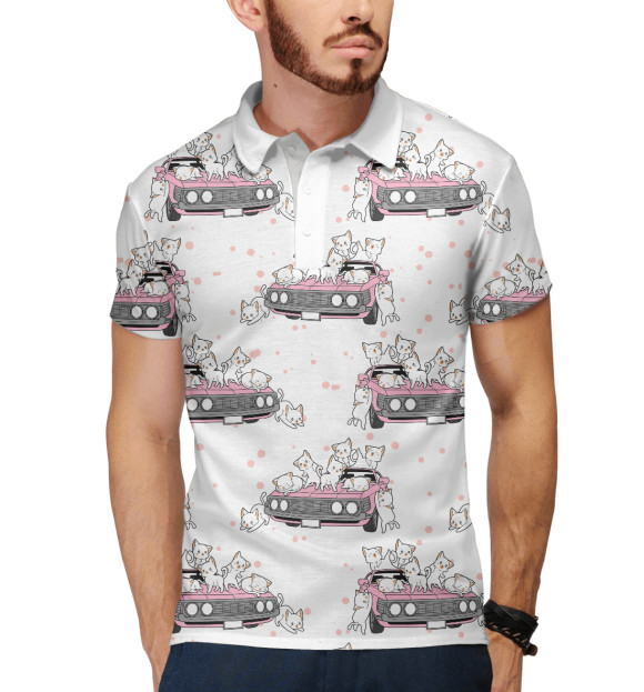 Мужское поло с изображением Котики и автомобиль цвета Белый
