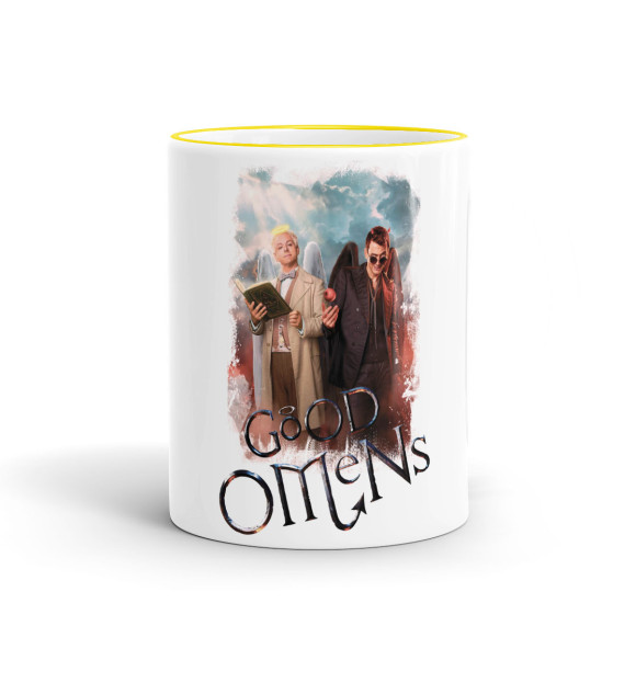 Кружка с изображением Азирафаэль и Кроули белый фон цвета желтый