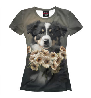 Женская футболка Щенок с цветами