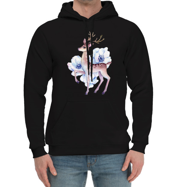 Мужской хлопковый худи с изображением Deer and flowers цвета Черный