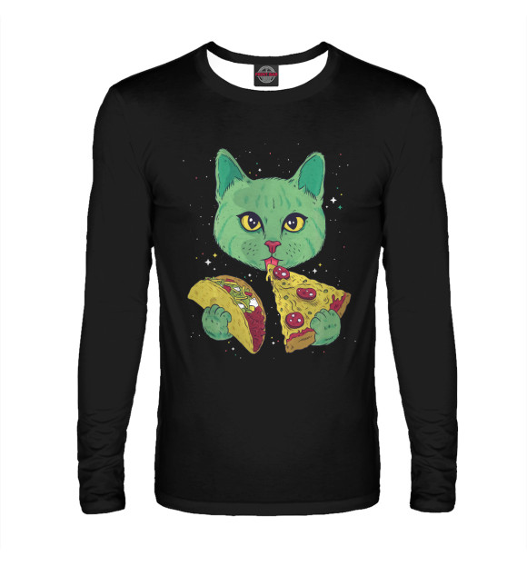 Мужской лонгслив с изображением Cat Eating Pizza and Taco цвета Белый