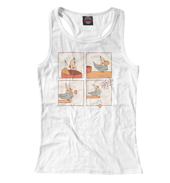 Женская майка-борцовка с изображением Голодный попугай цвета Белый