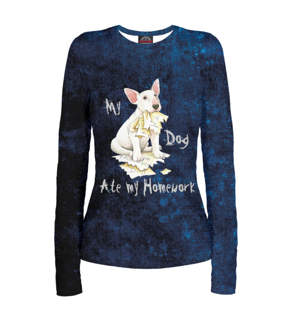 Женский лонгслив с изображением My Bull Terrier Ate My Home цвета Белый
