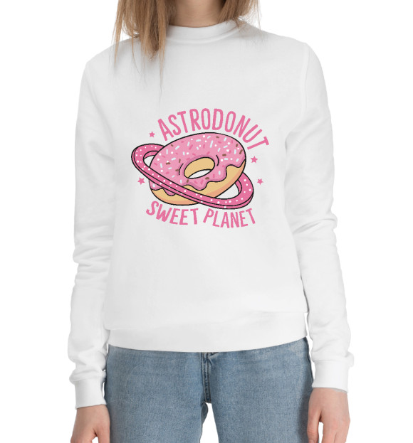 Женский хлопковый свитшот с изображением Планета Пончик цвета Белый
