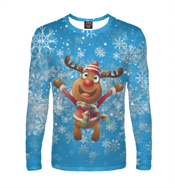 Мужской лонгслив с изображением Новогодний олень цвета Белый