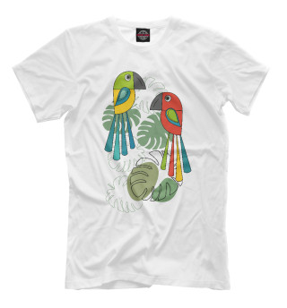 Мужская футболка Попугаи и листья монстеры.