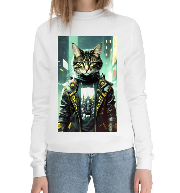 Женский хлопковый свитшот с изображением Крутой котяра на фоне высоток цвета Белый