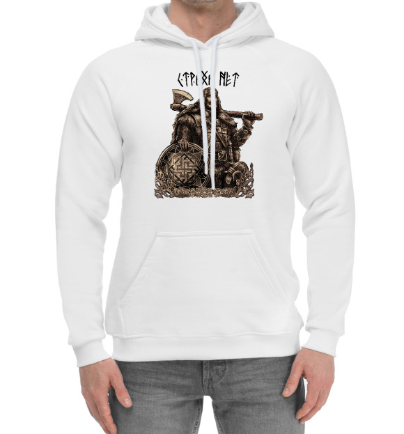 Мужской хлопковый худи с изображением Воин Руси цвета Белый