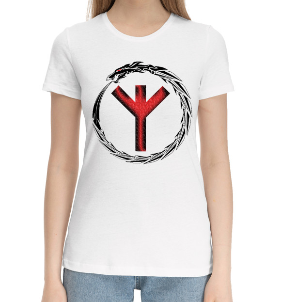 Женская хлопковая футболка с изображением Руна Альгиз в кольце цвета Белый