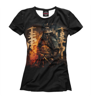 Женская футболка Самурай и иероглифы на огненном фоне
