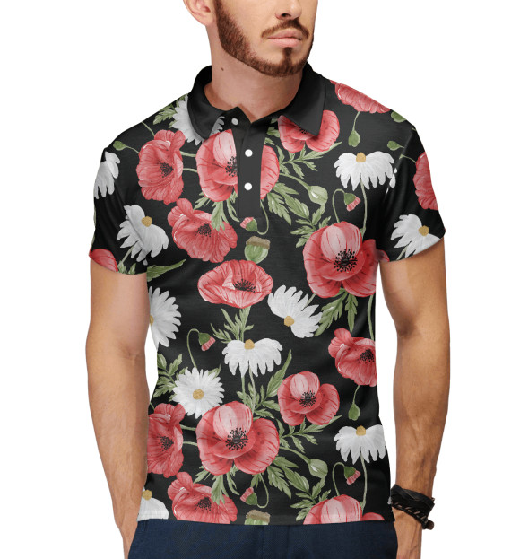 Мужское поло с изображением Мако-ромашковое поле цвета Белый