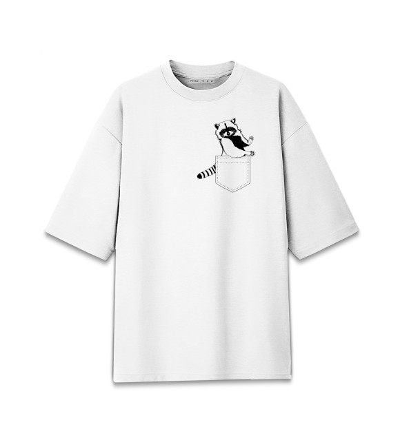 Мужская футболка оверсайз с изображением Енот в кармане цвета Белый