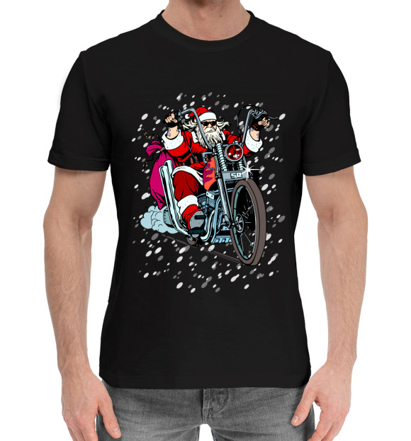 Мужская хлопковая футболка с изображением Санта Клаус байкер цвета Черный