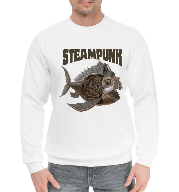 Мужской хлопковый свитшот с изображением Рыболет стимпанк цвета Белый