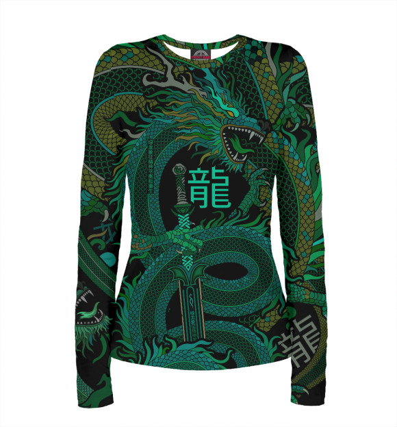 Женский лонгслив с притом Зеленый дракон цвета Белый Женский лонгслив с изображением Зеленый дракон цвета Белый