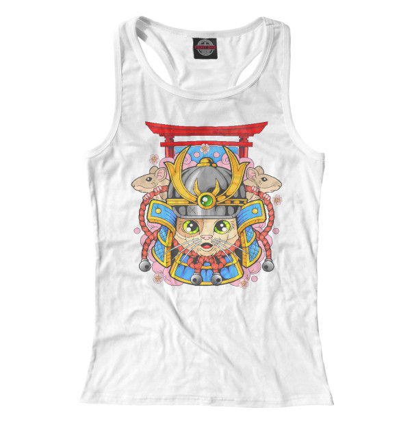 Женская майка-борцовка с изображением Кот самурай цвета Белый