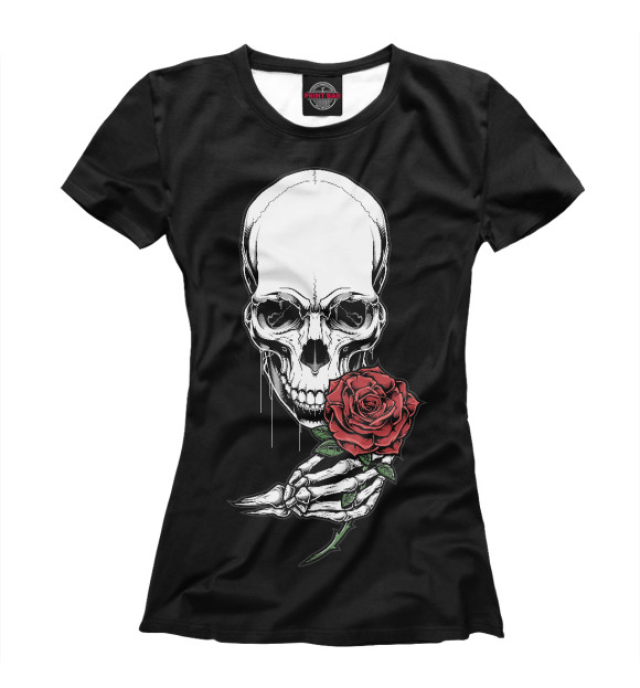 Женская футболка с изображением Скелет с розой цвета Белый