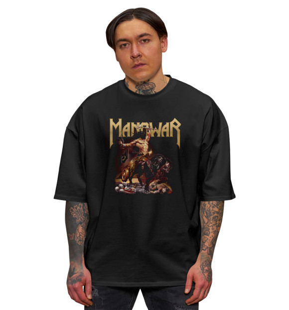 Мужская футболка оверсайз с притом Manowar цвета Черный Мужская футболка оверсайз с изображением Manowar цвета Черный