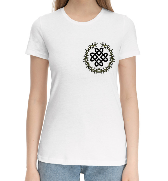 Женская хлопковая футболка с изображением Оберег любви Узел Сердце цвета Белый