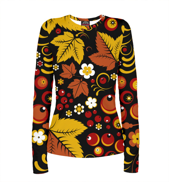 Женский лонгслив с притом Хохломская роспись цвета Белый Женский лонгслив с изображением Хохломская роспись цвета Белый