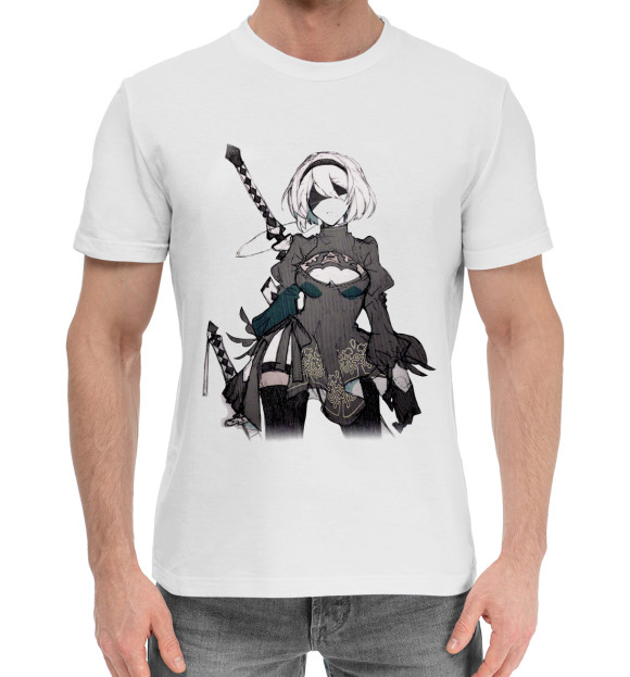 Мужская хлопковая футболка с изображением Nier Automata 2b чб цвета Белый