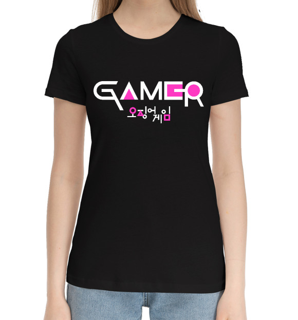 Женская хлопковая футболка с изображением Игра в кальмара - Игрок цвета Черный