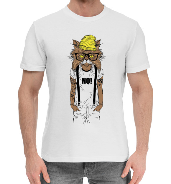 Мужская хлопковая футболка с изображением Cat hipster цвета Белый