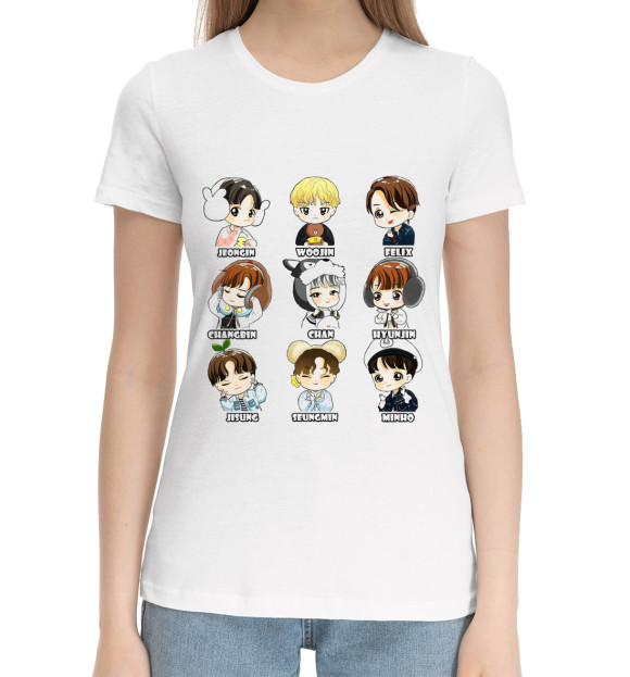 Женская хлопковая футболка с изображением Stray Kids чибики цвета Белый
