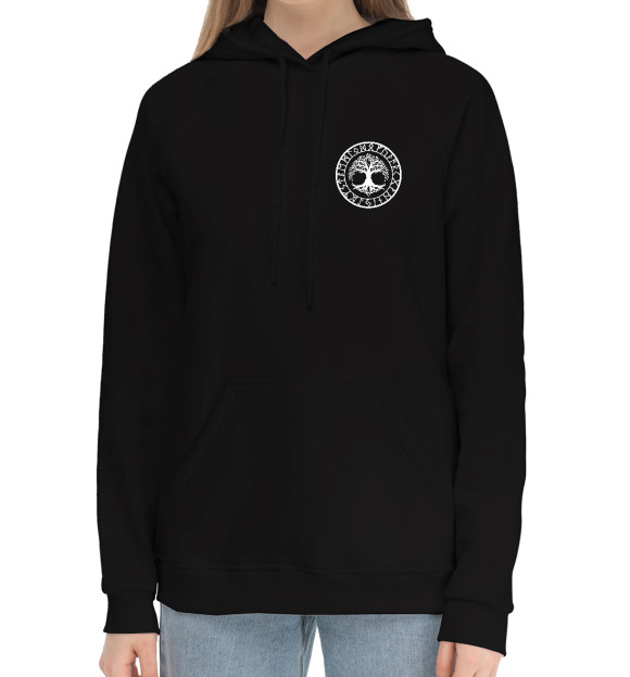 Женский хлопковый худи с изображением Дерево Иггдрасиль в рунах цвета Черный