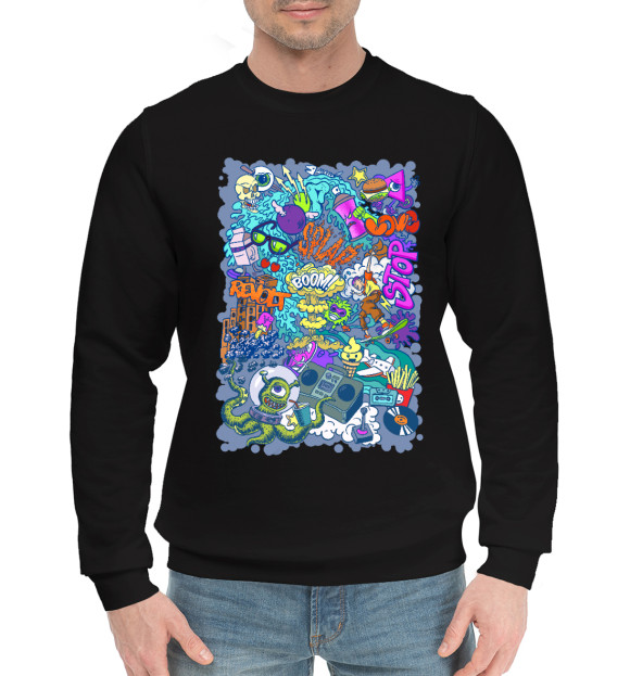 Мужской хлопковый свитшот с изображением Граффити с инопланетянином на синем фоне цвета Черный