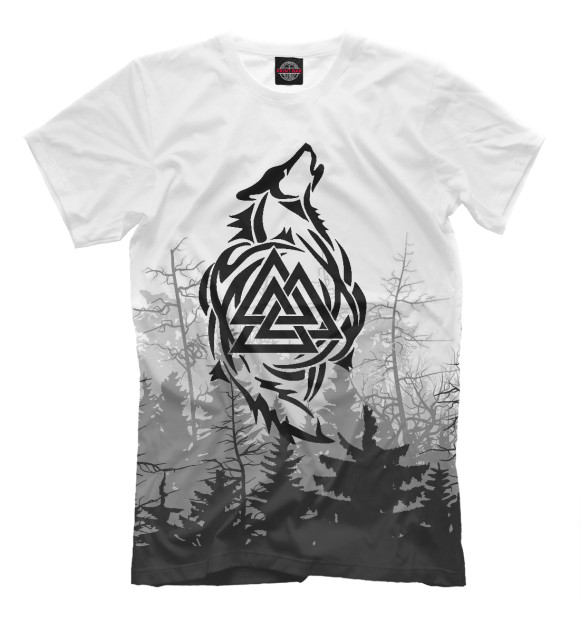 Мужская футболка с изображением Валькнут и Волк цвета Белый