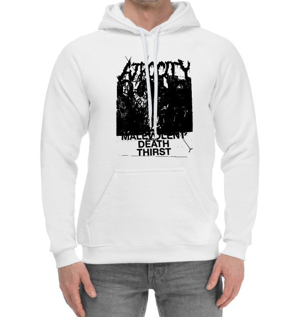 Мужской хлопковый худи с изображением Atrocity цвета Белый