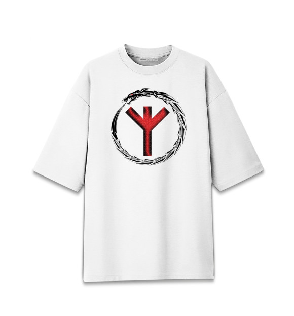 Мужская футболка оверсайз с притом Руна Альгиз в кольце цвета Белый Мужская футболка оверсайз с изображением Руна Альгиз в кольце цвета Белый