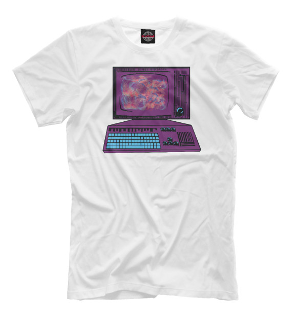 Мужская футболка с изображением Компьютер с космосом цвета Белый