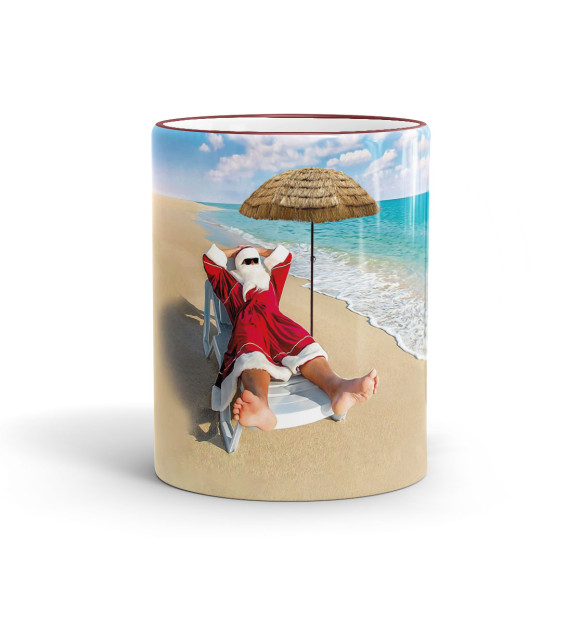 Кружка с изображением Санта на пляже цвета бордовый