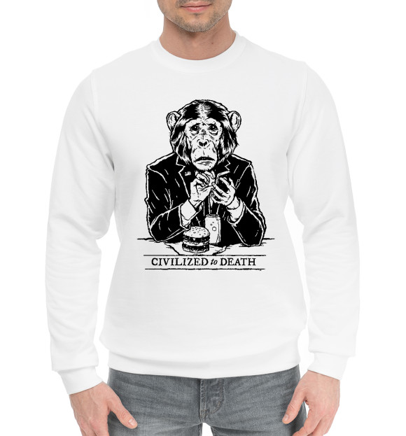 Мужской хлопковый свитшот с притом Civilized to death цвета Белый Мужской хлопковый свитшот с изображением Civilized to death цвета Белый