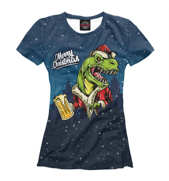 Футболка для девочек с притом Пивозавр Санта цвета Белый Футболка для девочек с изображением Пивозавр Санта цвета Белый